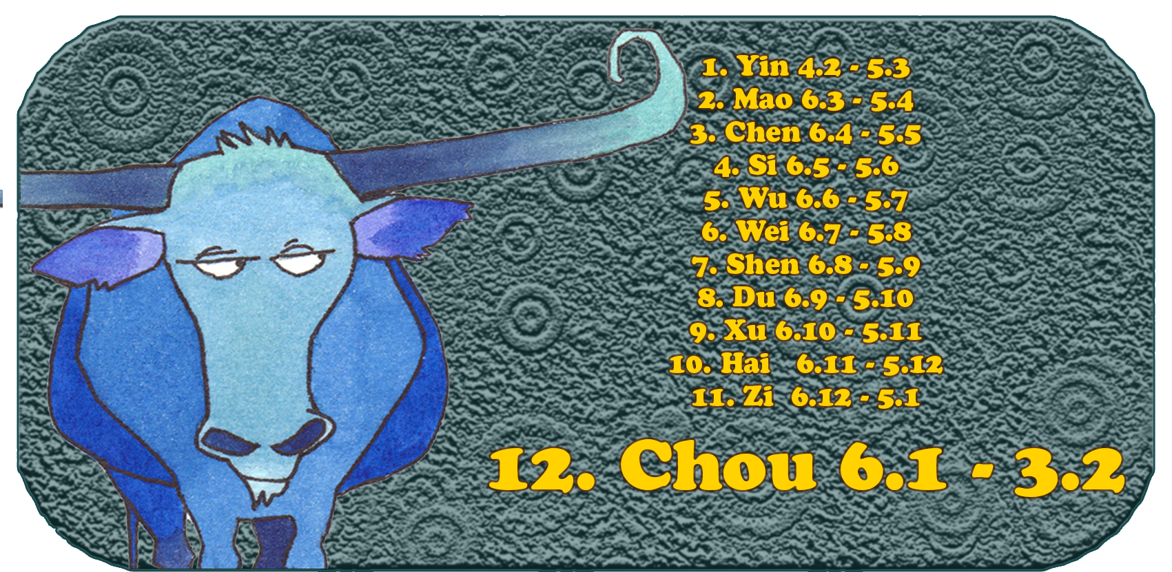 Zodíaco chino | Los doce animales chinos | Buey, enero, mes 12, Chou