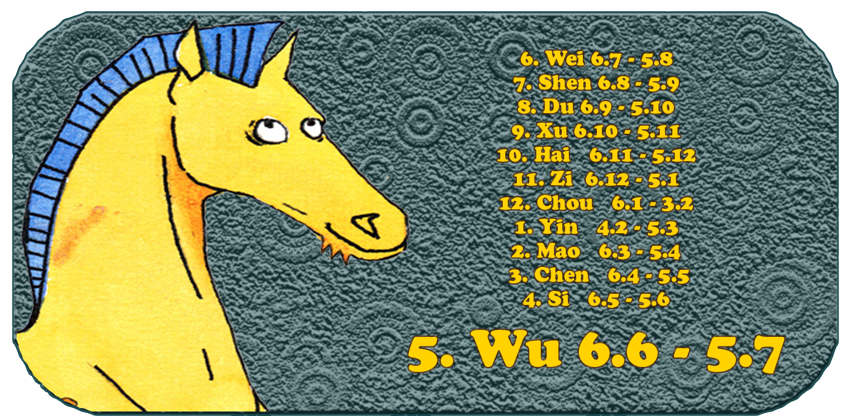 Zodíaco chino | Los doce animales chinos | Caballo, junio, mes 5, Wu