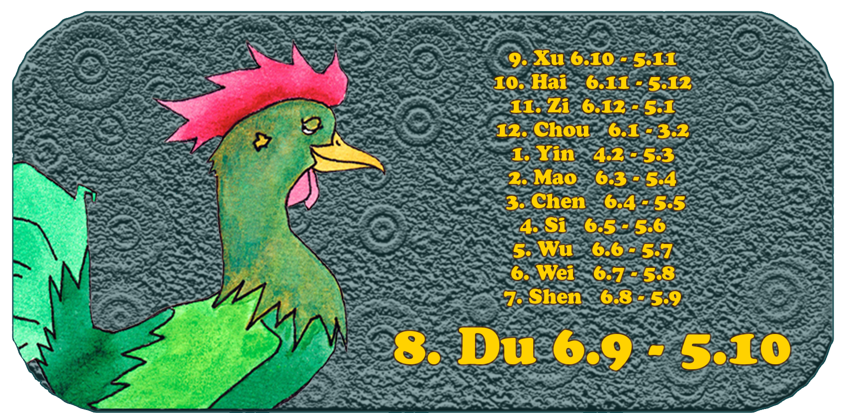 Zodíaco chino | Los doce animales chinos | Gallo, enero, mes 8 Du