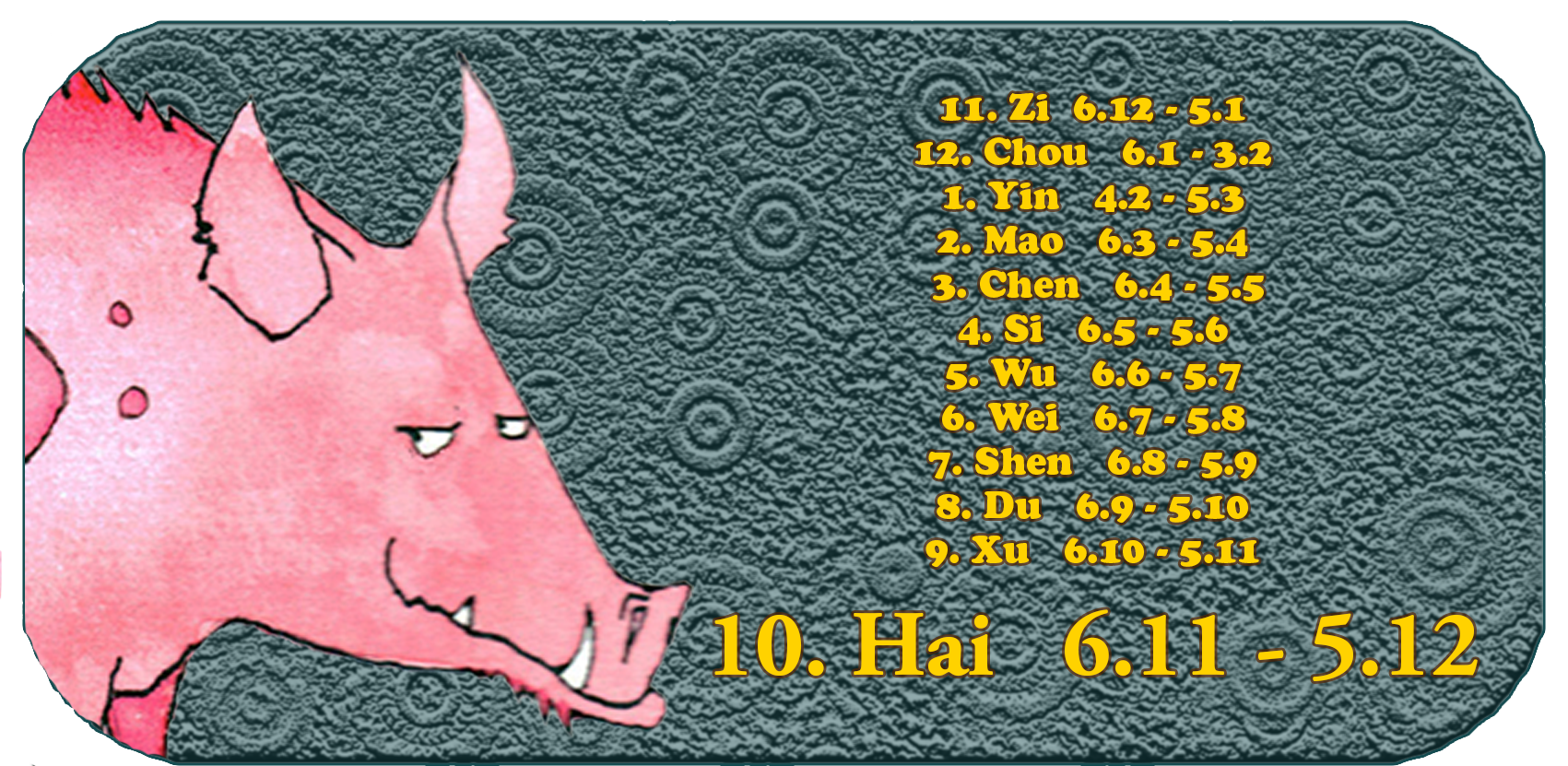 Zodíaco chino | Los doce animales chinos | Cerdo, noviembre, mes 10, Hai